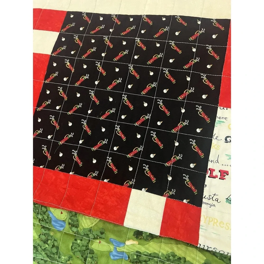 VINTAGE Patchwork Quilt Golf Themed On Both Sides 1950's